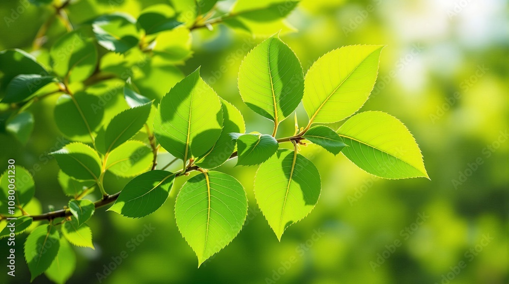 Vibrant green leaves in sunlight on a spring branch Vibrant green leaves in sunlight on a spring branch