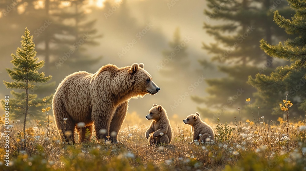 Obraz premium Majestic mother bear with her cubs in a sunlit forest clearing