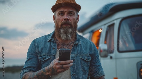 A rugged man with a beard and tattoos stands by a van, holding a phone, exuding a nomadic, adventurous spirit. Perfect for travel, lifestyle, and outdoor themes photo