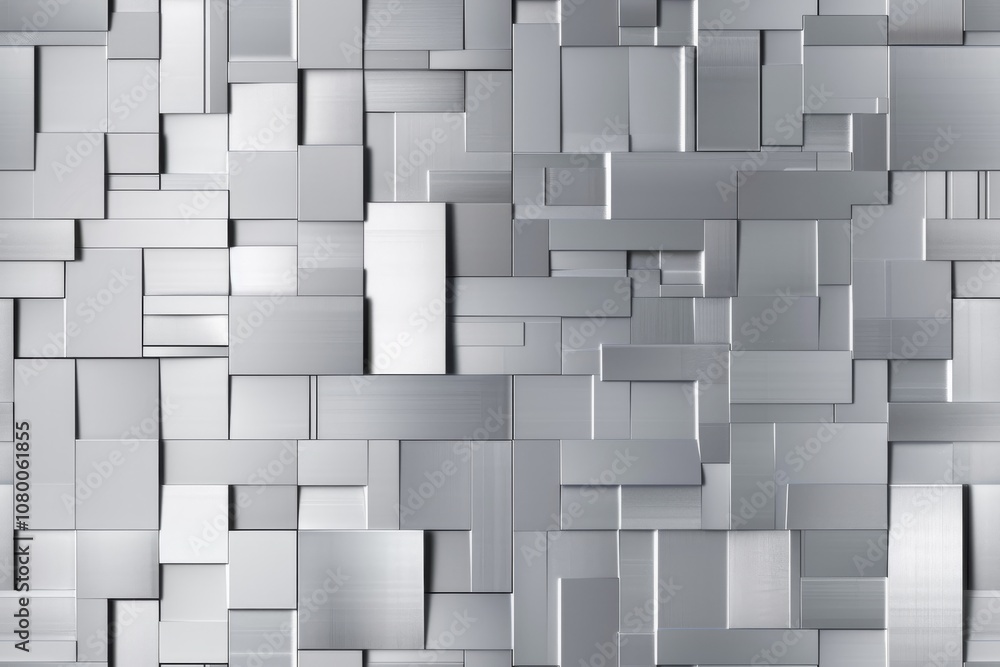 A close-up view of a wall composed of various sized silver metal squares, creating an abstract geometric pattern. A close-up view of a wall composed of various sized silver metal squares, creating an abstract geometric pattern.