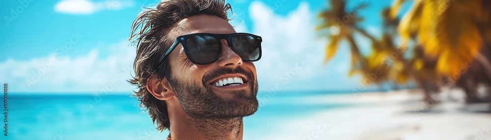 Fit man in sunglasses smiling on a tropical beach, palm trees in the background, sunny day Fit man in sunglasses smiling on a tropical beach, palm trees in the background, sunny day