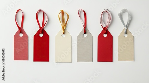 Six Blank Gift Tags with Ribbons on White Background photo