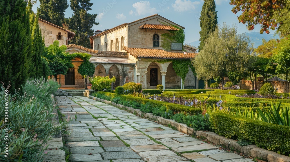 Obraz premium Tranquil Garden Pathway Leading to Charming Historic Mansion