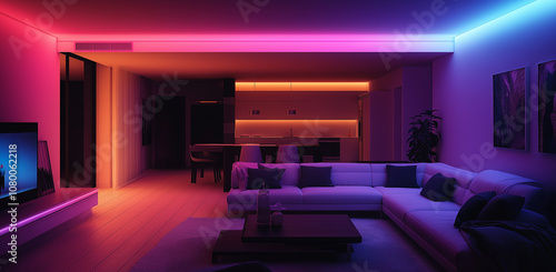 A modern living room with smart lighting, minimalist furniture, and a sleek entertainment system, featuring Scandinavian design