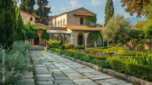 Tranquil Garden Pathway Leading to Charming Historic Mansion