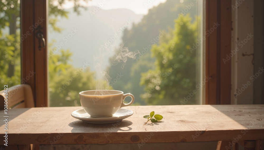 Fototapeta premium Steaming coffee cup on rustic table with mountain view