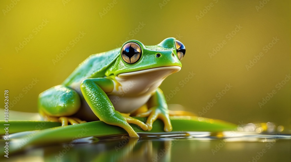 Vibrant green tree frog on leaf with water reflection under soft light