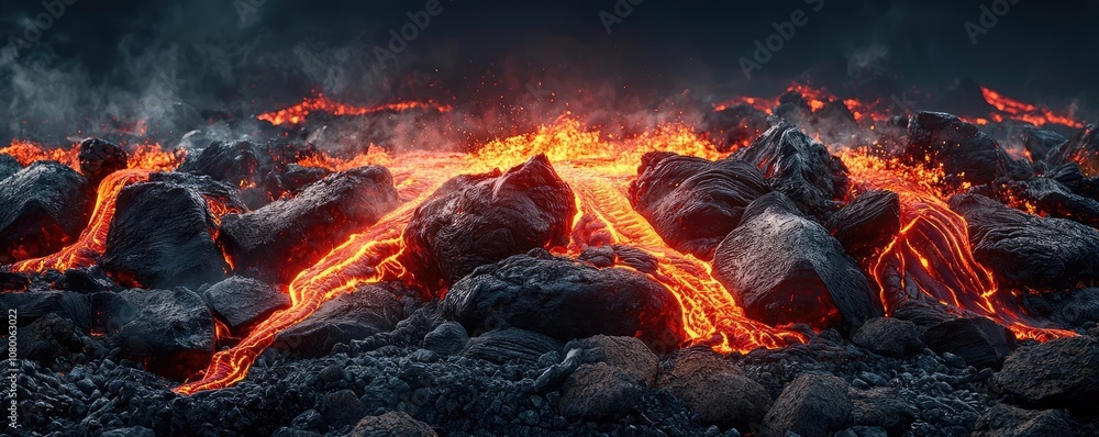 Lava flow over rocks, creating a stunning volcanic landscape. Lava flow over rocks, creating a stunning volcanic landscape.