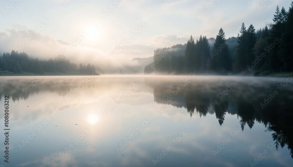 Fototapeta premium Misty lake landscape with sunrise and forest reflection