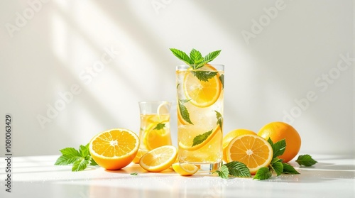 Refreshing lemonade with fresh mint and citrus slices in sunlight