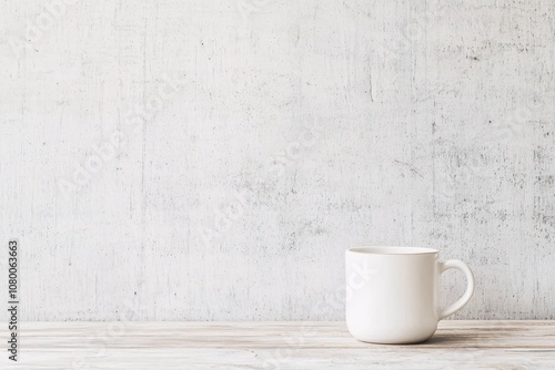 Minimal product mockup of a white coffee cup on a rustic table with textured wall background