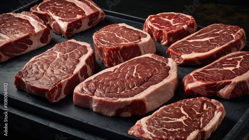 Fresh, marbled cuts of raw beef steaks laid out on a black surface, showcasing their rich texture and quality. Perfect for themes of gourmet cooking, grilling, and culinary ingredients