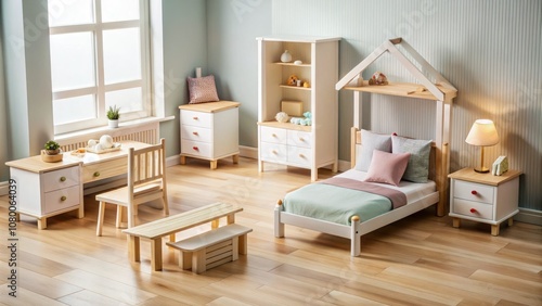 Trendy children's dollhouse bedroom furniture, perfect for playrooms to boost imagination and creativity. Inspire playful adventures with charming accessories and delightful storytelling moments. photo