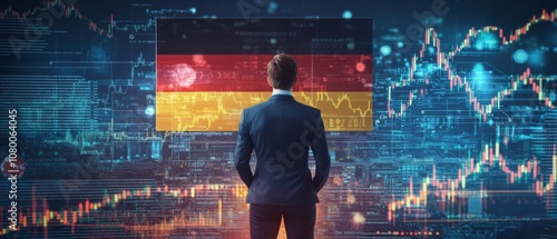 germany economy and finance . a businessman standing in front of a digital trading platform, economic growth, stock market chart, investment trends global challenges and opportunities.	
