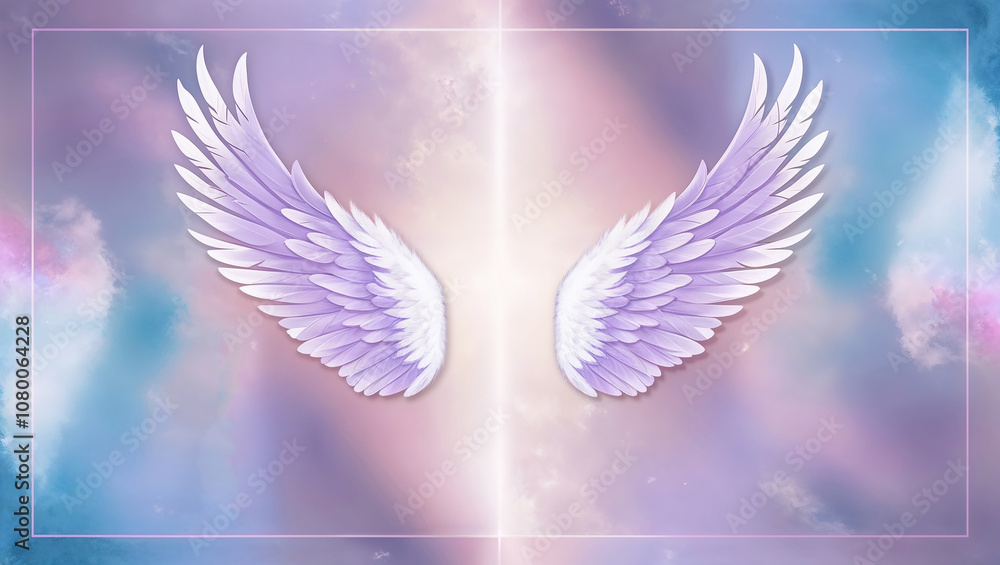 Fototapeta premium Beautiful lavender angel wings on dreamy pastel background sky