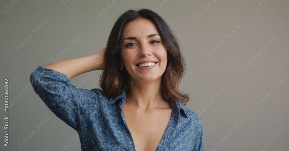 Middle-aged woman smiling warmly, with minimal hand visibility against a colorful background Middle-aged woman smiling warmly, with minimal hand visibility against a colorful background