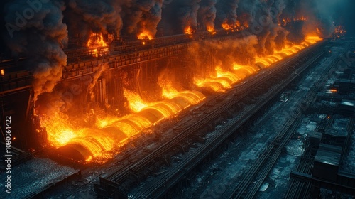 Industrial scene with molten metal and smoke in a factory setting.