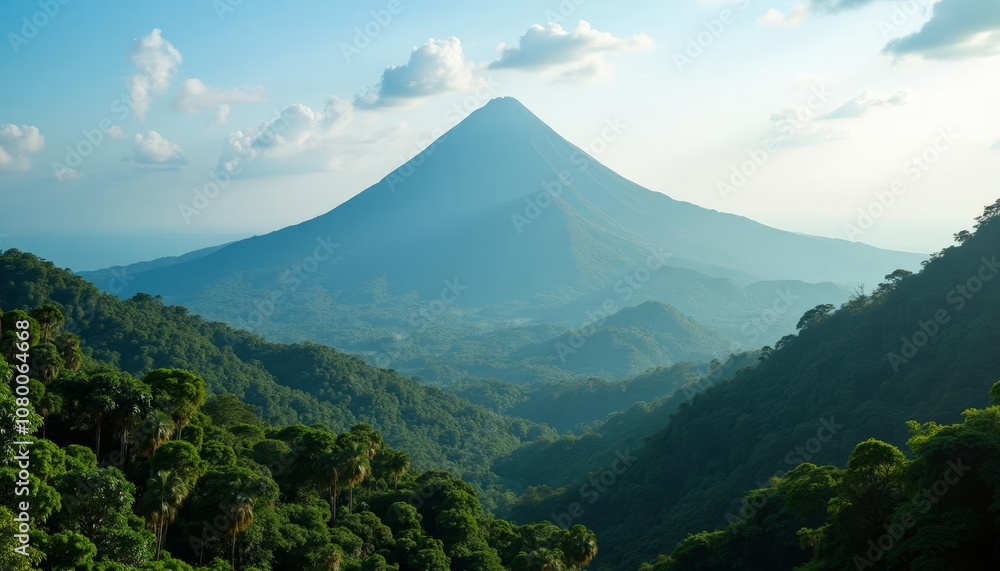 Majestic mountain peak rising above lush green forest Majestic mountain peak rising above lush green forest