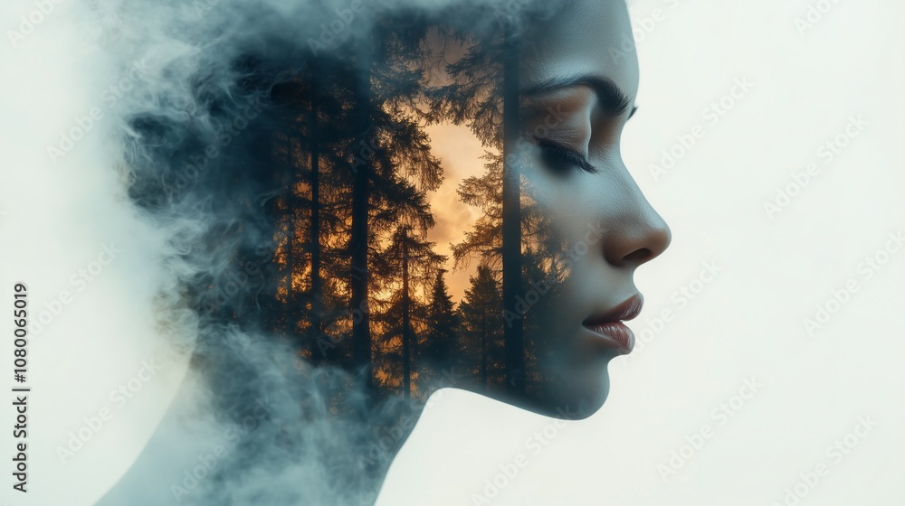 A serene portrait of a woman with a double exposure feature blending forest landscape during sunset with her profile A serene portrait of a woman with a double exposure feature blending forest landscape during sunset with her profile