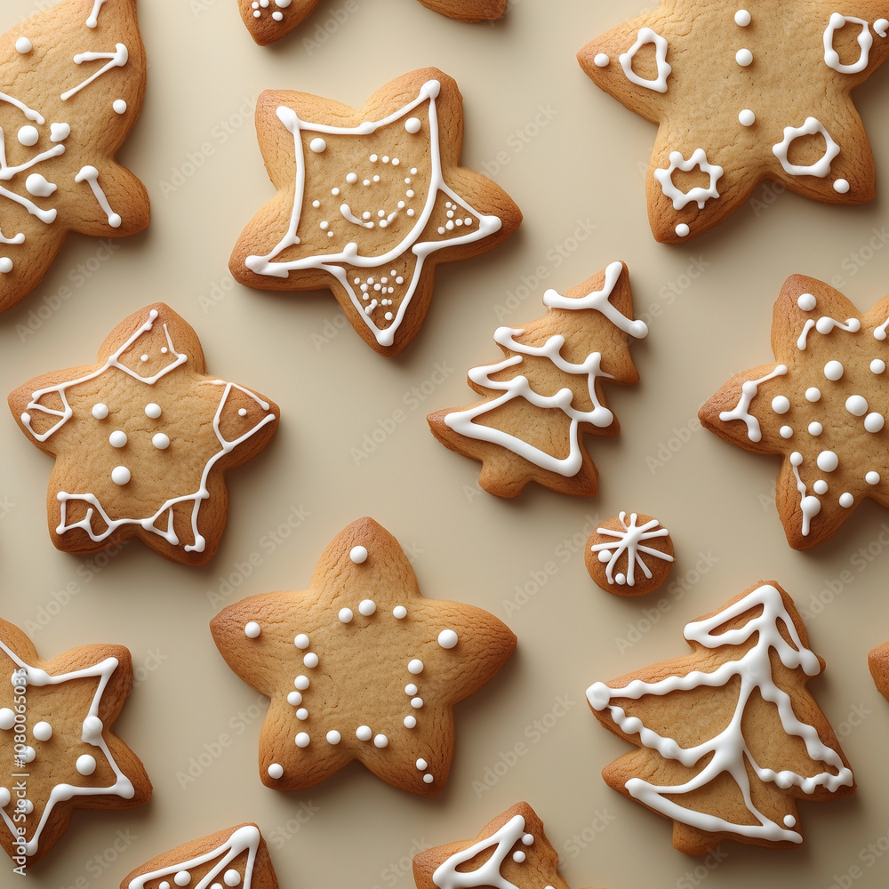 Festive gingerbread cookies with intricate icing in star and tree shapes for holidays. Festive gingerbread cookies with intricate icing in star and tree shapes for holidays.
