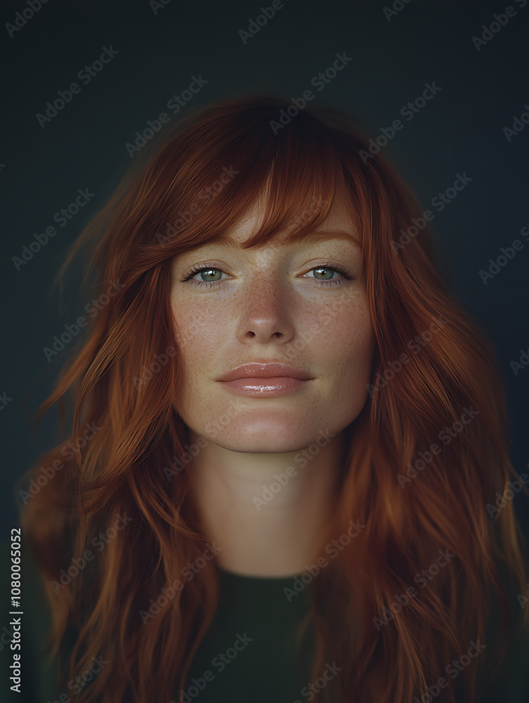Naklejka premium A close-up portrait of a model with striking copper red hair, featuring vibrant orange-red hues that stand out against a dark backdrop