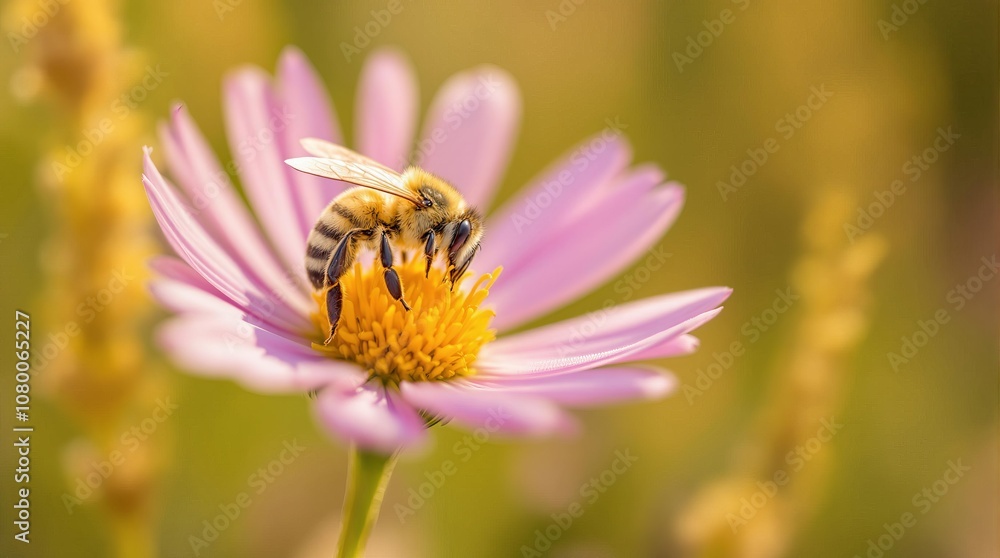 Close-up of bee pollinating pink flower in sunlit garden Close-up of bee pollinating pink flower in sunlit garden