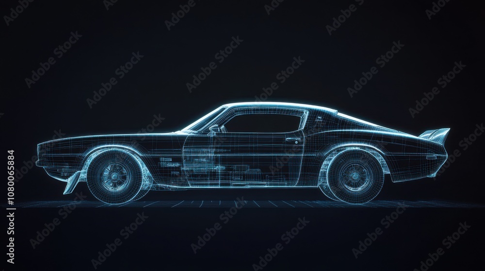 Side view of a wireframe hologram of a classic muscle car Side view of a wireframe hologram of a classic muscle car