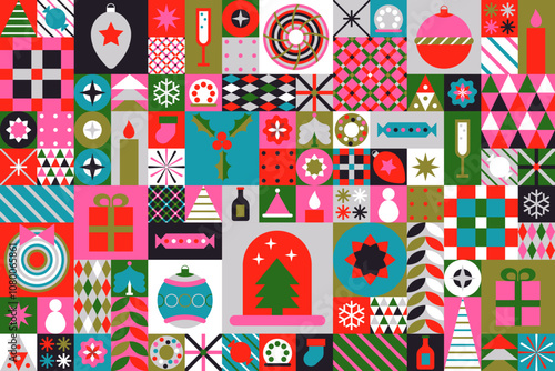 Christmas symbols. Merry Christmas. Christmas abstract vector background with simple shapes, Santa Claus, holiday symbol, festive food. Creative modern art. Bauhaus style poster with Merry Christmas