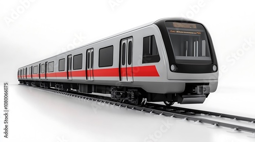 A long, light gray train with red accents is on train tracks.