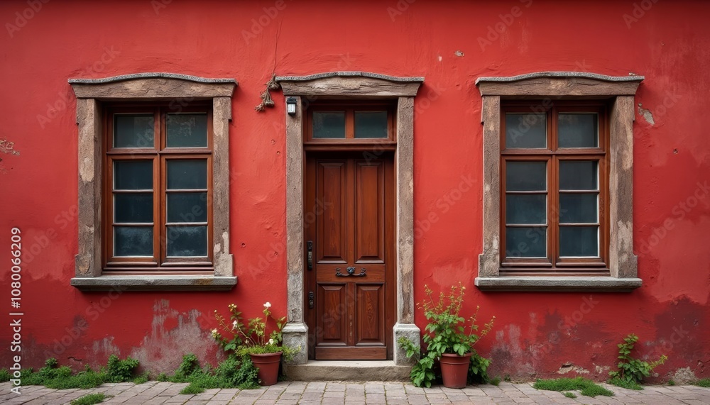 Charming oldworld entrance with vibrant red walls and lush greenery Charming oldworld entrance with vibrant red walls and lush greenery