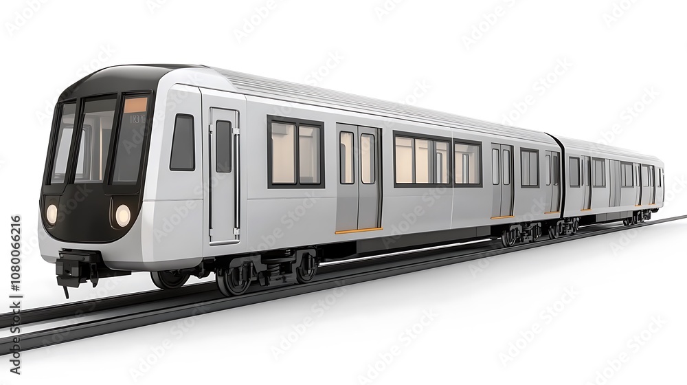 Naklejka premium A long, light gray train with red accents is on train tracks.