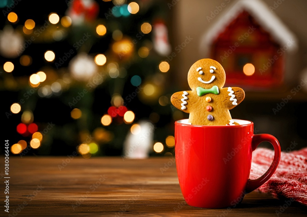Fototapeta premium Holiday Cheer Gingerbread Man in Cup on Wooden Table Christmas Season