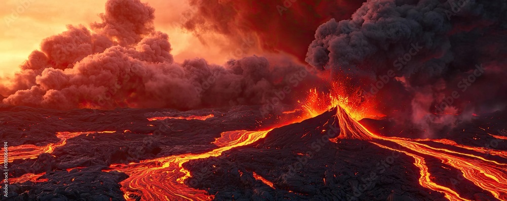 Volcano eruption with flowing lava and dramatic smoke against a fiery sunset. Volcano eruption with flowing lava and dramatic smoke against a fiery sunset.