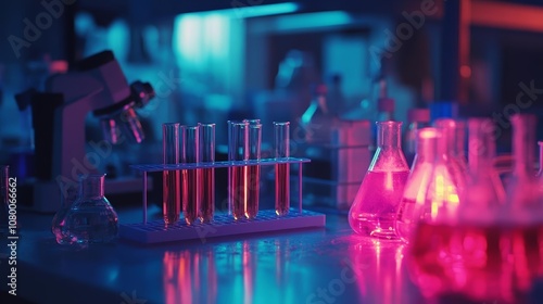 Close-up lab work with fluorescent test tubes, dynamic science moment photo