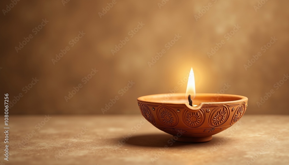 Traditional Clay Diya Lamp with Intricate Patterns and Warm Glow Traditional Clay Diya Lamp with Intricate Patterns and Warm Glow