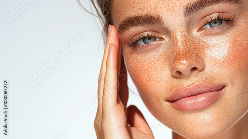 Close-up portrait of a young woman with freckles and glowing skin, gently touching her face, natural beauty concept