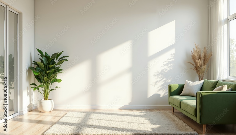 Fototapeta premium Modern Living Room with Green Sofa and Lush Potted Plant Decor.