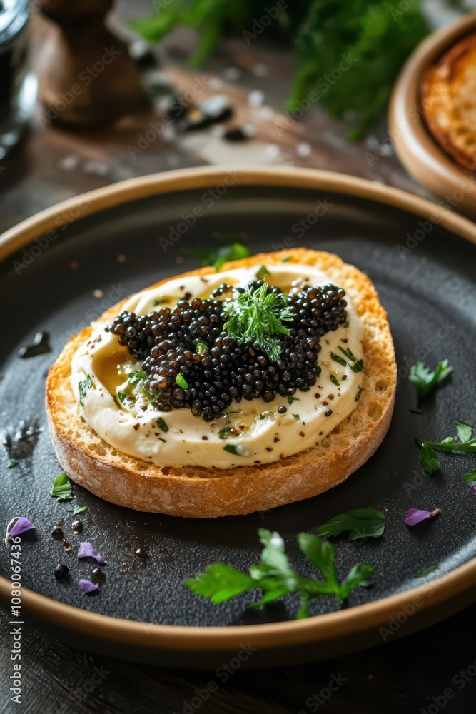 Gourmet caviar dish with fresh herbs on rustic bread for culinary delights. Top view. Vertical banner. Copy space. Canapes with black caviar Gourmet caviar dish with fresh herbs on rustic bread for culinary delights. Top view. Vertical banner. Copy space. Canapes with black caviar