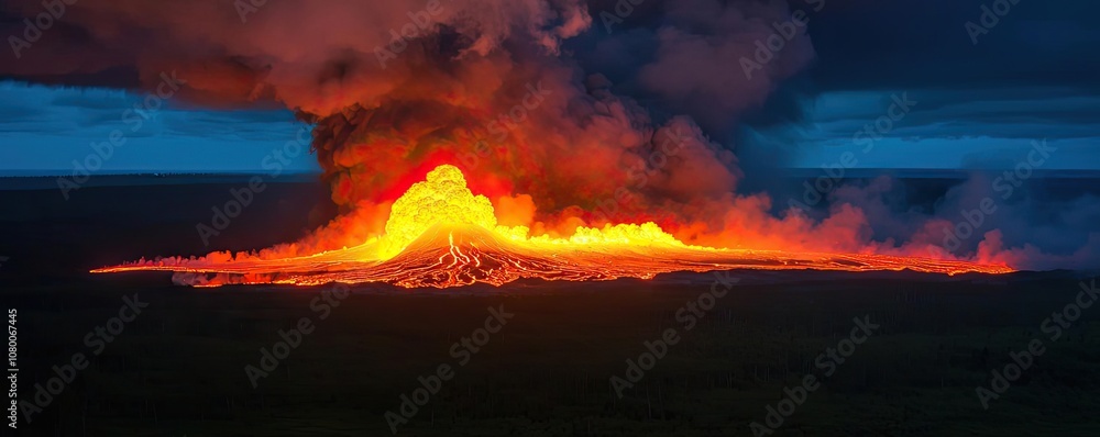 Fototapeta premium Erupting volcano at dusk, glowing lava, dramatic sky, nature's raw power.