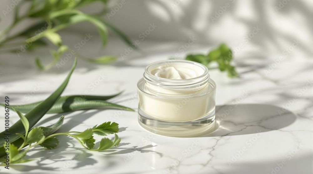 Natural skincare cream on marble with green plants and sunlight shadows Natural skincare cream on marble with green plants and sunlight shadows