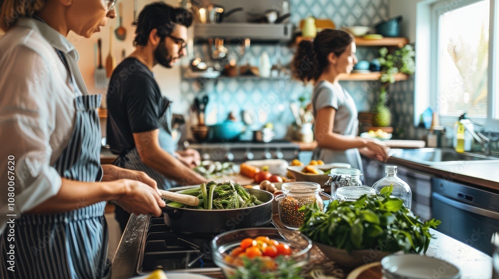 Diverse Group of Friends Cooking Together in Modern Kitchen Diverse Group of Friends Cooking Together in Modern Kitchen