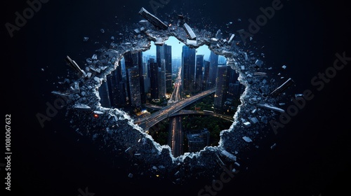 A dramatic view of a city skyline through a broken wall effect.