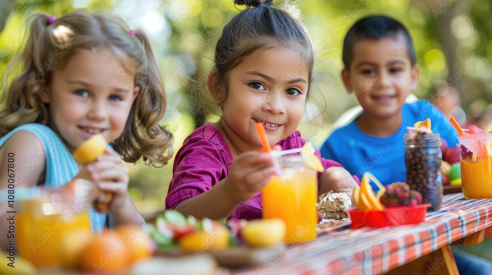 Joyful Children Enjoying a Picnic with Healthy Snacks Joyful Children Enjoying a Picnic with Healthy Snacks