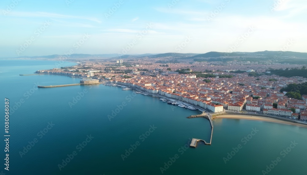 Fototapeta premium Vibrant coastal cityscape under a clear sky