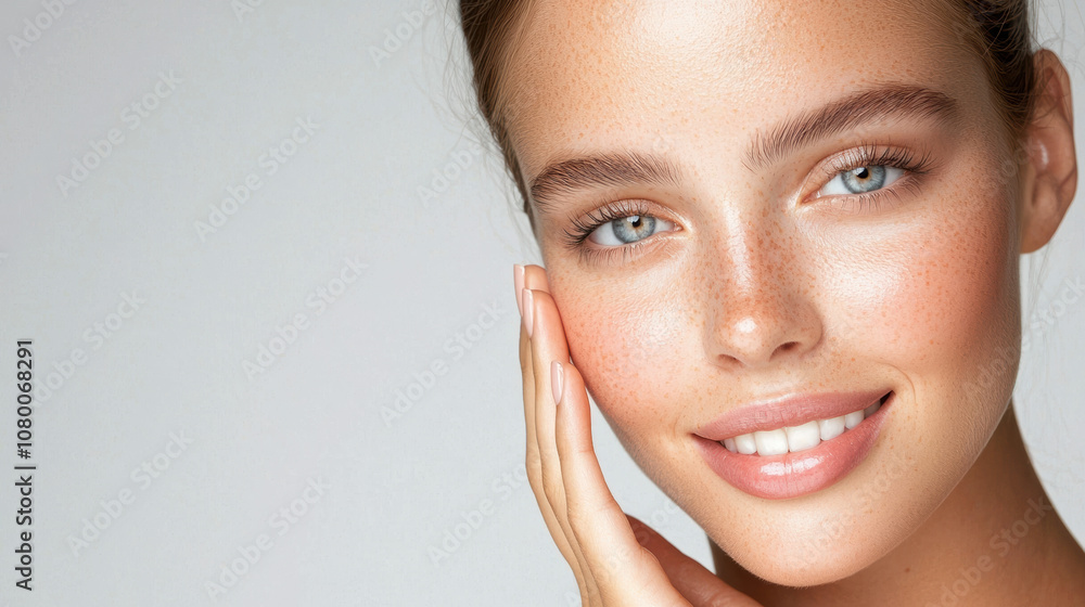 Young woman with freckles and glowing skin smiling softly, touching her cheek, on a light grey background Young woman with freckles and glowing skin smiling softly, touching her cheek, on a light grey background