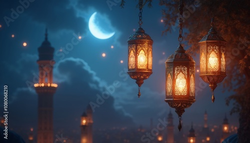 Three Intricate Lanterns Hanging with Warm Light Against a Mystical Sky