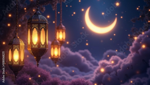 Exquisite Lanterns Hanging From Chain in a Dreamlike Night Scene