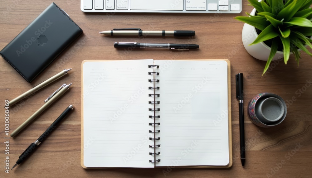 Fototapeta premium Organized workspace with notebook pens and tech essentials