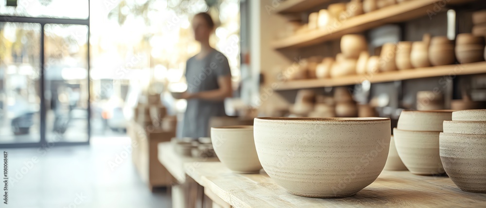 Minimalist pottery shop display, natural tones with handcrafted ceramics, owner blurred in the background Minimalist pottery shop display, natural tones with handcrafted ceramics, owner blurred in the background