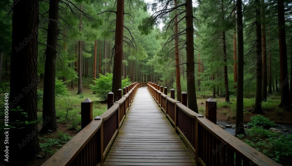 Exploring the tranquility of the forest on a wooden path Exploring the tranquility of the forest on a wooden path
